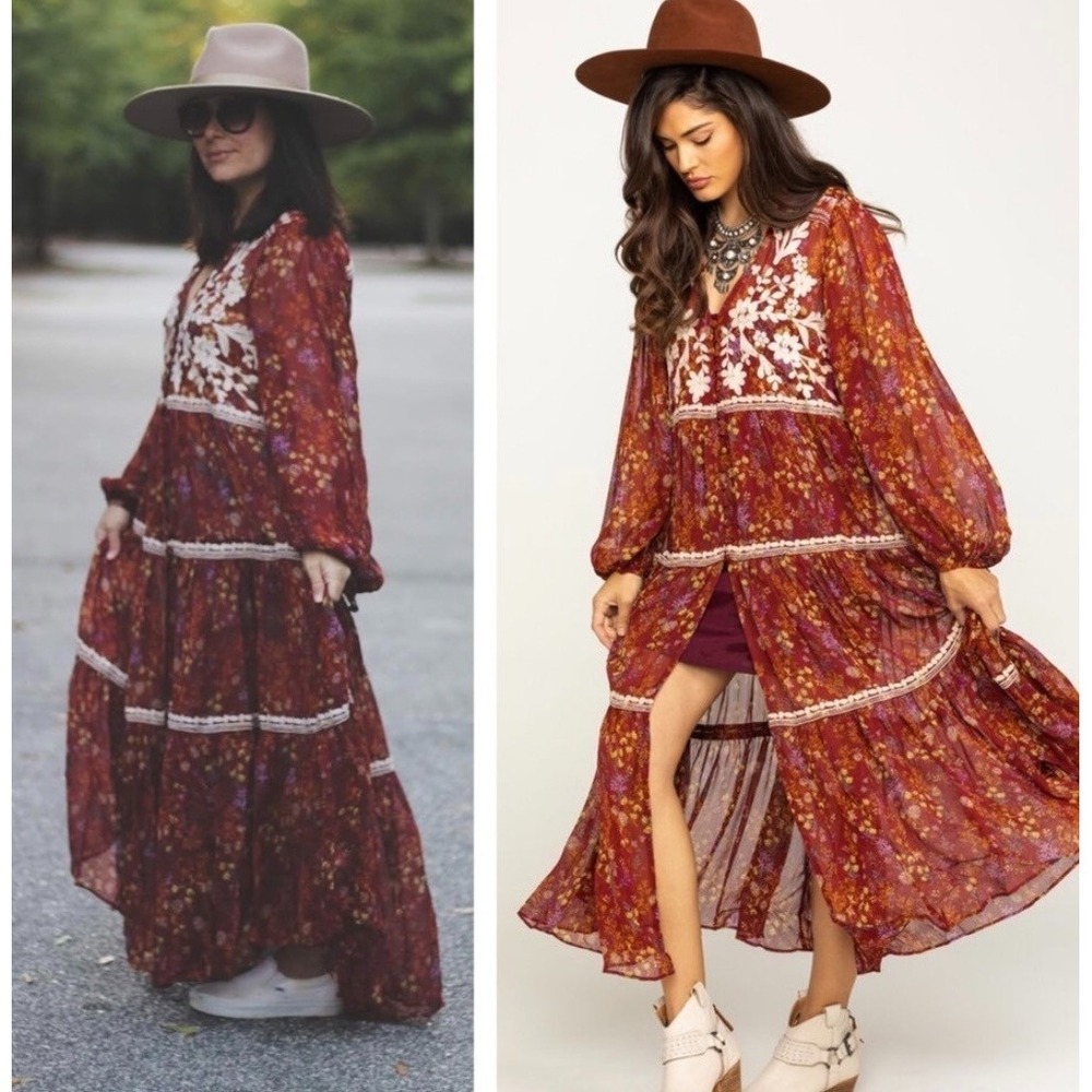 Free People Call On Me Dress Maxi Dress Sz S Embroidered Merlot Festival Boho - Picture 6 of 16